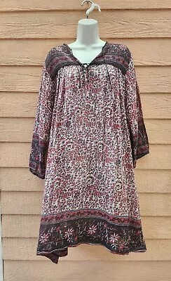 Vintage 70's India Indian Cotton Midi Tunic Dress Floral & Metallic Thread M • $225