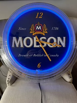 20” Molson Beer Sign Neon Clock Blue Gold & White; One Blue Neon Tube. Works! • $79.79