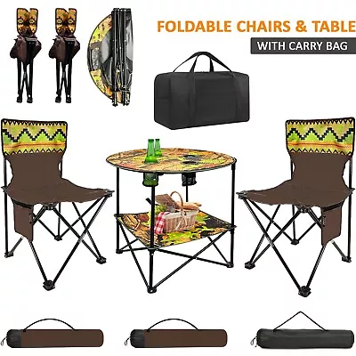 Camping Table & Chair Set 3PC Folding Chair Fishing Seat Outdoor Cup Holders • £25.85