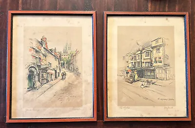 Vintage Set Of 2 Marjorie C. Bates Hand Colored Etchings; Oxford & Lincoln UK • $29.99