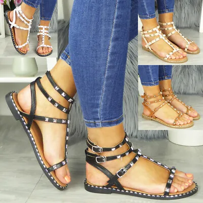 £13.99 • Buy Gladiator Sandals Flats Zip Strappy Comfy Summer Casual Shoes Womens Ladies Size