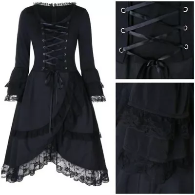 Women Lace Up Ruffle Irregular Dress Retro Punk Layered Goth Steampunk Plus Sz L • $81.51