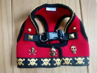 Dog Harness Size Medium / Red With Gold Skull & Studs Vest Harness.  • £12.99
