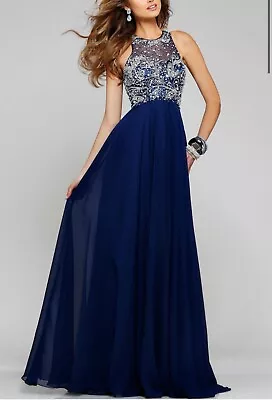 Faviana 10 Chiffon Beaded Lace Bodice Sequin Navy Gown Dress Prom Built In Bra • $99.87