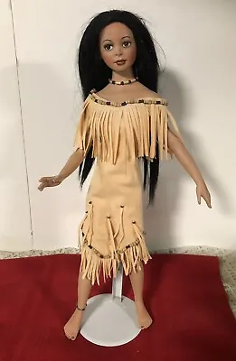 $19.99 • Buy 2003 18” Porcelain Indian Maiden Doll W Fringed Beaded Outfit W Stand Signed
