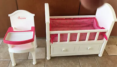 $240 • Buy American Girl Bitty Baby Crib, Bedding & High Chair Set Retired White Pink EUC