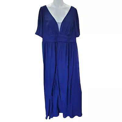 EVER-PRETTY Womens Navy Blue V Neck Chiffon A Line Ruched Evening Dress Sz. 8XL • $40