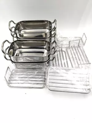 5x Stainless Steel Mini Roasting Oven Pan Dish With Racks  Meat Baking Tin Grill • £17.99