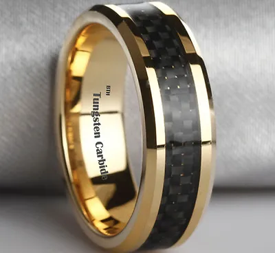 New Boxed Gold Tone Mens Black Carbon Inlay Tungsten Wedding Ring - Post From UK • £44.99