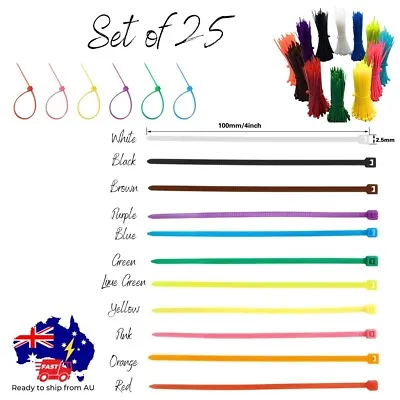 Coloured Cable Zip Ties Wrap Wire Removable Nylon 4” Plastic 10cm Multi 100mm • $5.99