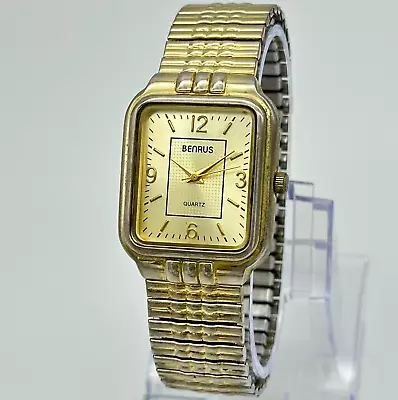 Men's BENRUS Gold Tone Rectangular Classic Analog Quartz Bracelet Watch 30mm • $17.99