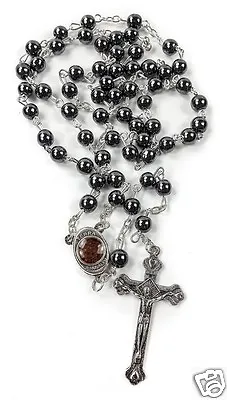 Hematite Rosary Black Stone Beads Necklace Jerusalem Holy Soil Cross • $12.68