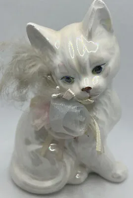 Vintage Enesco White Persian Cat Figurine With Feathers And Ribbons 1986 • $12