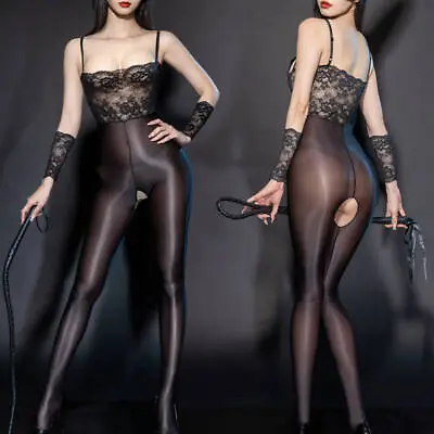 Women Sexy Glossy Jumpsuit Catsuit Lingerie Lace Top With Crotchless Pantyhose • £14.99