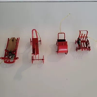 Vintage Miniature Red Metal Sled Buggies And Horse. Dollhouse Decor Lot Of 4 • $22.50