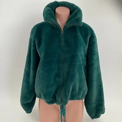 Victoria's Secret PINK Know One Cares Faux Fur Crop Full Zip Jacket Green L  NWT • $27.99