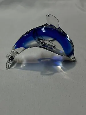 VINTAGE Murano Style Blown Art Glass Dolphin Blue/Clear Paperweight • $14