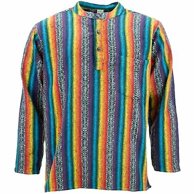 Mens Grandad Shirt Kurta Collar Collarless Long Sleeve Rainbow Brushed Cotton • £19.90