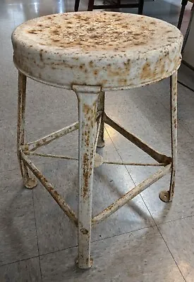 Antique Industrial Primitive White Metal Shop Stool Decor Gas Station? Milking?  • $198.90