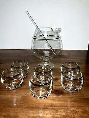 Vintage MCM Fine Glass Martini Pitcher - 6 Roly Poly Glasses - Glass Stir Rod • $19.99