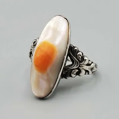 Estate Art Nouveau Sterling Silver Oval Blister Mabe Pearl Ring Sz 6.25 • $44.17