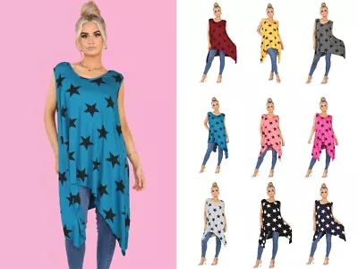 Women Star Hanky Hem Sleeveles Flared Jersey Long Tunic Flared Swing Vest Top • £14.99