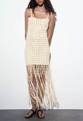 Zara Ecru Crochet Dress With Fringing Beach Cover Size S BNWT Bloggers Instagram • £35.99