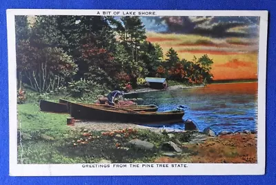 Greetings From The Pine Tree State Postcard White Border Colorful Sunset On Lake • $6.80