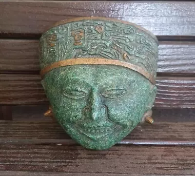 Vintage Aztec Mayan Carved Malachite Smiling Mask Wall Plaque • $40