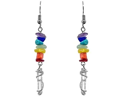 Rainbow Chip Stone Crystal Earrings Wire Wrapped Quartz Handmade Healing Jewelry • $13.99