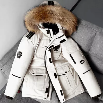 Mens Down Jacket Winter Korean Couple Outdoor Tooling Big Fur Collar Down Jacket • £38.87