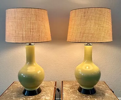 Pair Of MCM Designer Richard Lindley Melrose Place Celadon Porcelain Table Lamps • $1396.50