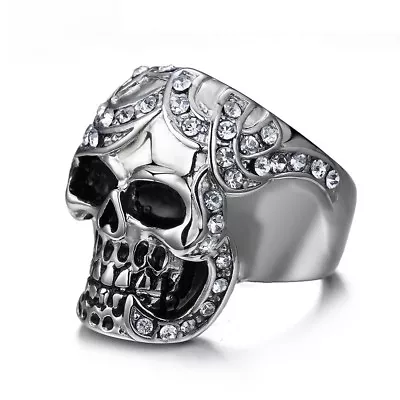 Stainless Steel Men's Fancy Design 0.86 Carat CZ Skull Biker Ring Size 8-12 • $13.99
