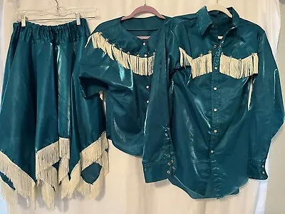 Vintage Blue Fringe 3 Piece Skirt And Tops XS/Small Country Rodeo Western Cowboy • $65
