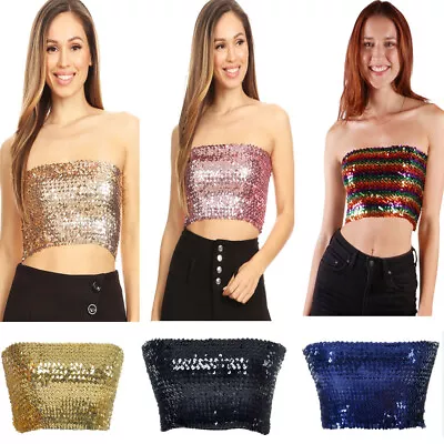 Fashion Womens Shiny Sequin Party Cropped Strapless Bandeau Stretch Tube Top • $17.98