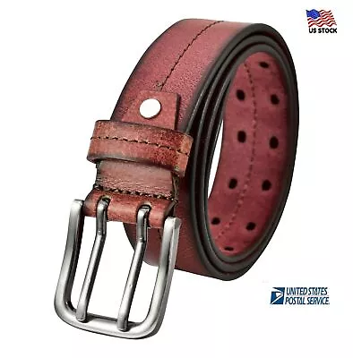 100% Genuine Leather Mens Casual Double Prong Stitch Belts Dress Black Brown USA • $19.95