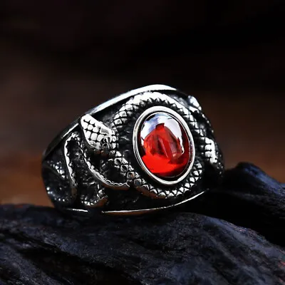 Double Snake Red CZ Ring Stainless Steel Vampire Blood Men's Vintage Biker Ring • $11.99