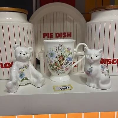 3pc Aynsley Wild Tudor Floral Bone China Cat & Bear Figures & 300ml Beaker Cup • £32.50