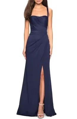 La Femme Navy Blue Ruched Jersey A-Line Criss Cross Back Gown Size 0 $348 • $99.98