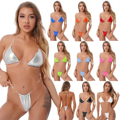 Women Shiny Leather Halterneck Bra With Thongs Bikini Set Clear Strap Swimsuit • £5.99