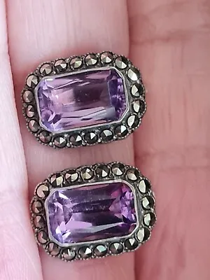 Silver Amethyst Marcasite Clip On Earrings • £24.99