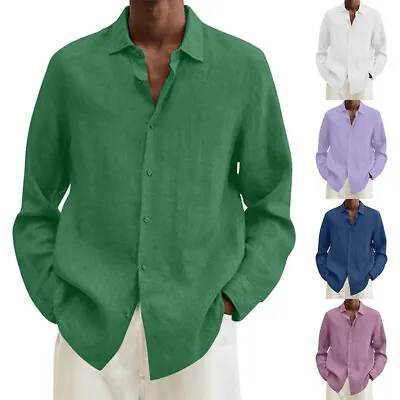Mens Casual Cotton Linen Shirt Long Sleeve Loose Blouse Button Down Shirts Tops  • $17.30