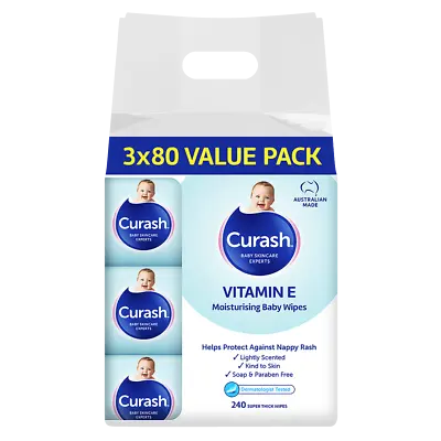 Curash Baby Wipes Moisturising Vitamin E 3 X 80 Value Packs Soap Free Babycare • $24.93