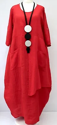 PLUS SIZE LA BASS RED LINEN 2 POCKETS LAYERING EXTRA LONG DRESS UK Size 30-32 • $123.09