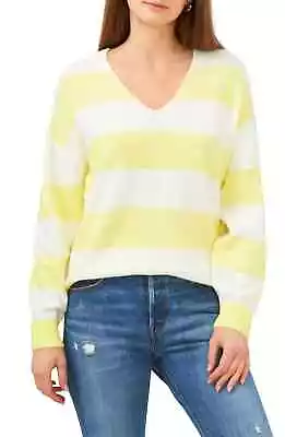 $28 • Buy MSRP $69 Vince Camuto Stripe V-Neck Sweater Ivory/Yellow Size Large