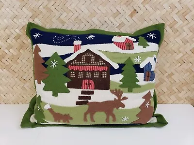 Christmas Winter Scene Down Throw Pillow Wool Blend Woodland Cabin Rustic • $26.99