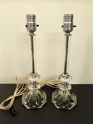 Vintage Leviton Clear Glass Table Lamps Pair 14  Etched Stacked Crystal Boudoir • $34.99