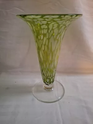 Murano Glass Vase Green White Confetti Trumpet 10” • $24.99