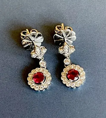 Diamond Ruby Earrings 18ct White Gold Round Halo Cluster Drop Studs 1ct • £1539