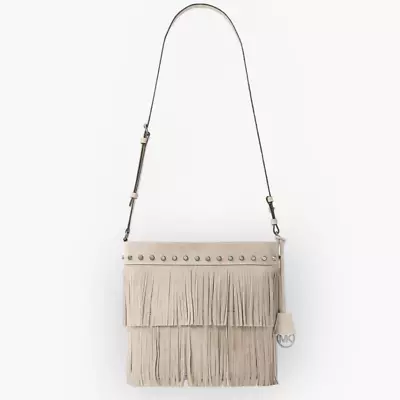 Michael Kors Medium Billy Suede Convertible Shoulder Bag Grey Fringe Boho Studs • $99.99